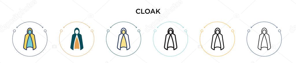 Cloak icon in filled, thin line, outline and stroke style. Vector illustration of two colored and black cloak vector icons designs can be used for mobile, ui, web