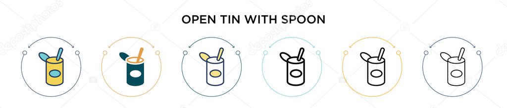 Open tin with spoon icon in filled, thin line, outline and stroke style. Vector illustration of two colored and black open tin with spoon vector icons designs can be used for mobile, ui, web — Stock Illustration Open Tin Spoon Icon Filled Thin Line Outline Stroke Style Royalty Free Stock Illustrations