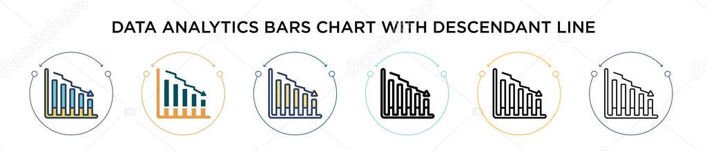 Data analytics bars chart with descendant line icon in filled, thin line, outline and stroke style. Vector illustration of two colored and black data analytics bars chart with descendant line vector 