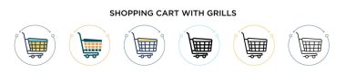 Izgara ikonlu alışveriş arabası. İnce çizgi, taslak ve vuruş stili. Izgara vektör simgeli iki renkli ve siyah alışveriş arabasının vektör illüstrasyonu mobil için kullanılabilir, ui, 