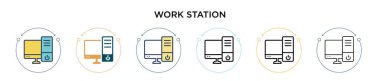 Çalışma istasyonu simgesi, ince çizgi, özet ve vuruş stili. Mobil, ui, web için iki renkli ve siyah iş istasyonu vektör ikonu tasarımı vektör illüstrasyonu kullanılabilir