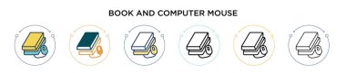 Kitap ve bilgisayar fare simgesi dolu, ince çizgi, özet ve vuruş stili. Mobil, ui, web için iki renkli ve siyah kitap ve bilgisayar fare vektör simgeleri tasarımı vektör illüstrasyonu kullanılabilir