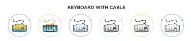 Kablo ikonlu klavye, ince çizgi, özet ve vuruş stili. Kablo vektör simgelerine sahip iki renkli ve siyah klavyenin vektör illüstrasyonu mobil, ui, web için kullanılabilir