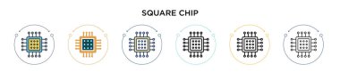 Kare çip simgesi dolu, ince çizgi, özet ve vuruş stili. Mobil, ui, web için iki renkli ve siyah kare vektör ikonu tasarımı vektör illüstrasyonu kullanılabilir