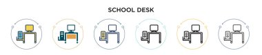 Okul masası ikonu, ince çizgi, özet ve vuruş stili. Mobil, ui, web için iki renkli ve siyah okul masa başı vektör ikonu tasarımı vektör illüstrasyonu kullanılabilir