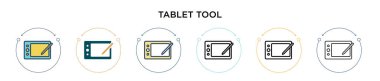 Tablet araç simgesi doldurulmuş, ince çizgi, özet ve vuruş tarzı. Mobil, ui, web için iki renkli ve siyah tablet vektör vektör simgesi tasarımı kullanılabilir
