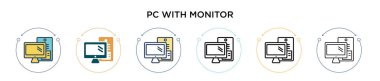 Monitör simgesi dolu, ince çizgi, özet ve vuruş tarzıyla bilgisayar. İzleme vektör simgelerine sahip iki renkli ve siyah pc 'nin vektör illüstrasyonu mobil, ui, web için kullanılabilir