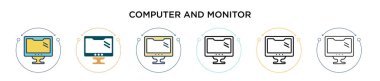 Bilgisayar ve monitör simgesi doldurulmuş, ince çizgi, özet ve vuruş stili. İki renkli ve siyah bilgisayarın vektör illüstrasyonu ve vektör simgeleri mobil, ui, web için kullanılabilir
