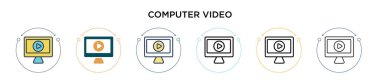 Bilgisayar video simgesi doldurulmuş, ince çizgi, özet ve vuruş stili. Mobil, ui, web için iki renkli ve siyah bilgisayar vektör ikonu tasarımının vektör illüstrasyonu kullanılabilir
