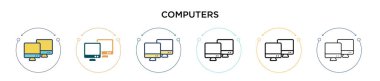 Bilgisayarlar doldurulmuş, ince çizgi halinde, özet ve vuruş tarzında simge oluştururlar. Mobil, ui, web için iki renkli ve siyah bilgisayar vektör ikonu tasarımı vektör illüstrasyonu kullanılabilir