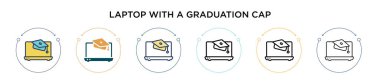 Mezuniyet şapkası ikonu olan dizüstü bilgisayar, ince çizgi, taslak ve vuruş stili. Mezuniyet başlık vektör simgelerine sahip iki renkli ve siyah dizüstü bilgisayarın vektör illüstrasyonu mobil tasarım için kullanılabilir,