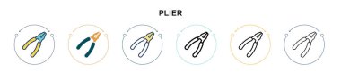 Plier simgesi dolu, ince çizgi, özet ve vuruş stili. İki renkli ve siyah kerpeten vektör simgesi tasarımı mobil, ui, web için kullanılabilir