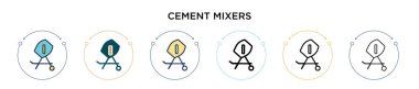 Çimento karıştırıcı ikonu, ince çizgi, ana hatlar ve vuruş stili. Mobil, ui, web için iki renkli ve siyah çimento karıştırıcı vektör ikonu tasarımı vektör illüstrasyonu kullanılabilir