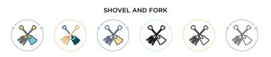 Kürek ve çatal simgesi dolu, ince çizgi, özet ve vuruş stili. Mobil, ui, web için iki renkli ve siyah kürek ve çatal vektör ikonu tasarımı vektör illüstrasyonu kullanılabilir