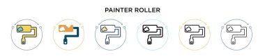 Boyacı silindiri ikonu. İnce çizgi, taslak ve vuruş stili. Mobil, ui, web için iki renkli ve siyah paten vektör ikonu tasarımı kullanılabilir