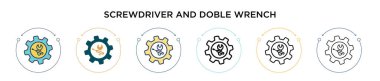 Tornavida ve doble anahtar simgesi doldurulmuş, ince çizgi, ana hatlar ve vuruş stili. İki renkli ve siyah tornavida ve doble anahtar vektör ikonu tasarımı mobil için kullanılabilir,