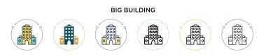 Büyük bina simgesi, ince çizgi, özet ve vuruş stili. Mobil, ui, web için iki renkli ve siyah yapı vektör ikonu tasarımının vektör illüstrasyonu kullanılabilir