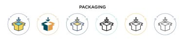 Paketleme simgesi dolu, ince çizgi, özet ve vuruş stili. İki renkli ve siyah ambalaj vektör simgesi tasarımı mobil, ui, web için kullanılabilir