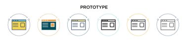Prototip simgesi doldurulmuş, ince çizgi, özet ve vuruş stili. Mobil, ui, web için iki renkli ve siyah prototip vektör ikonu tasarımının vektör illüstrasyonu kullanılabilir