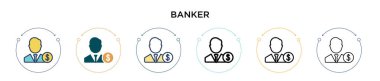 Bankacı simgesi dolu, ince çizgi, özet ve vuruş stili. Mobil, ui, web için iki renkli ve siyah bankacı vektör ikonu tasarımı vektör illüstrasyonu kullanılabilir