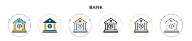 Banka simgesi dolu, ince çizgi, özet ve vuruş stili. Mobil, ui, web için iki renkli ve siyah banka vektör ikonu tasarımı vektör illüstrasyonu kullanılabilir