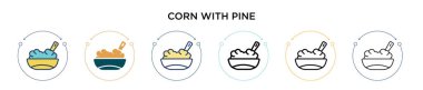 İçinde çam ikonu olan mısır, ince çizgi, ana hatlar ve vuruş stili. Çam vektör simgeli iki renkli ve siyah mısırın vektör illüstrasyonu mobil, ui, web için kullanılabilir
