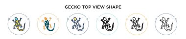Gecko üst görünüm şekil simgesi dolu, ince çizgi, özet ve çizgi şeklinde. Mobil, ui, web için iki renkli ve siyah gecko üst görünüm vektör vektör simgelerinin vektör çizimi kullanılabilir