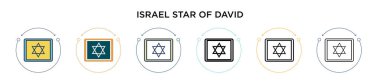 David ikonu 'nun İsrail yıldızı. İnce çizgi, özet ve vuruş tarzında. David vektör ikonlarının iki renkli ve siyah İsrail yıldızının vektör illüstrasyonu mobil, ui, web için kullanılabilir