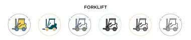 Forklift simgesi doldurulmuş, ince çizgi, ana hatlar ve vuruş stili. Mobil, ui, web için iki renkli ve siyah forklift vektör simgesi çizimi kullanılabilir
