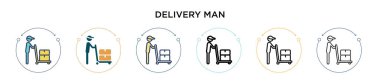 Teslimatçı ikonu doldurulmuş, ince çizgi, taslak ve vuruş stili. İki renkli ve siyah taşıyıcı vektör ikonu tasarımı mobil, ui, web için kullanılabilir