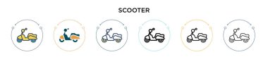Scooter ikonu dolu, ince çizgi, ana hatlar ve vuruş stili. Mobil, ui, web için iki renkli ve siyah scooter vektör ikonu tasarımı vektör illüstrasyonu kullanılabilir