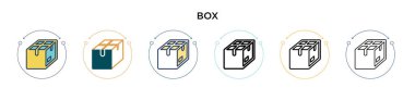 Kutu simgesi dolu, ince çizgi, özet ve vuruş stili. Mobil, ui, web için iki renkli ve kara kutu vektör ikonu tasarımının vektör illüstrasyonu kullanılabilir