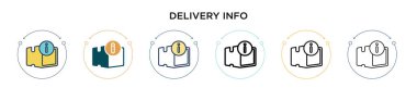 Teslimat bilgi simgesi doldurulmuş, ince çizgi, özet ve vuruş stili. Mobil, ui, web için iki renkli ve siyah iletim bilgi vektör ikonu tasarımının vektör illüstrasyonu kullanılabilir