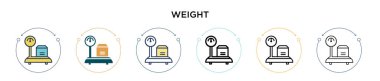 Ağırlık simgesi doldurulmuş, ince çizgi, ana hatlar ve vuruş stili. Mobil, ui, web için iki renkli ve siyah ağırlık vektör ikonu tasarımı vektör illüstrasyonu kullanılabilir