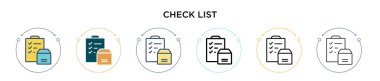 Liste simgesi doldurulmuş, ince çizgi, özet ve vuruş stili. İki renkli ve siyah kontrol listesi vektör simgesi tasarımı mobil, ui, web için kullanılabilir