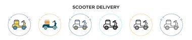 Scooter teslimat simgesi doldurulmuş, ince çizgi, özet ve vuruş stili. Mobil, ui, web için iki renkli ve siyah scooter dağıtım vektör ikonu tasarımı vektör illüstrasyonu kullanılabilir