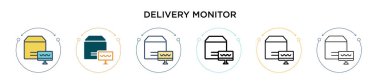 Teslimat monitörü simgesi doldurulmuş, ince çizgi, özet ve vuruş stili. Mobil, ui, web için iki renkli ve siyah dağıtım vektör ikonu tasarımı vektör illüstrasyonu kullanılabilir
