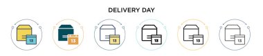 Teslimat günü ikonu, ince çizgi, özet ve vuruş stili. İki renkli ve siyah dağıtım günü vektör ikonu tasarımı mobil, ui, web için kullanılabilir