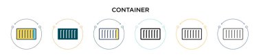 Konteynır simgesi doldurulmuş, ince çizgi, ana hatlar ve vuruş stili. Mobil, ui, web için iki renkli ve siyah taşıyıcı vektör ikonu tasarımının vektör illüstrasyonu kullanılabilir