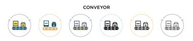 Konveyör simgesi doldurulmuş, ince çizgi, ana hatlar ve vuruş stili. Mobil, ui, web için iki renkli ve siyah taşıyıcı vektör simgesi tasarımı kullanılabilir