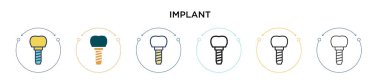 İmplant simgesi doldurulmuş, ince çizgi, ana hatlar ve vuruş stili. İki renkli ve siyah implant vektör ikonu tasarımı mobil, ui, web için kullanılabilir