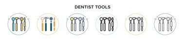 Dişçi aletleri simgesi doldurulmuş, ince çizgi, ana hatlar ve vuruş stili. İki renkli ve siyah dişçi araçlarının vektör illüstrasyonu vektör simgeleri mobil, ui, web için kullanılabilir