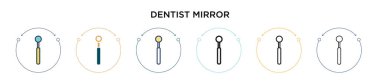 Diş hekimi ayna ikonu, ince çizgi, dış hatlar ve vuruş stili. Mobil, ui, web için iki renkli ve siyah dişçi ayna vektör ikonu tasarımı vektör illüstrasyonu kullanılabilir