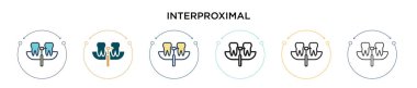 İnterproksimal ikon dolu, ince çizgi, özet ve vuruş stili. Mobil, ui, web için iki renkli ve siyah proksimal vektör ikonu tasarımı vektör illüstrasyonu kullanılabilir