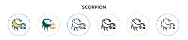 Akrep simgesi doldurulmuş, ince çizgi, ana hatlar ve vuruş stili. Mobil, ui, web için iki renkli ve siyah akrep vektör ikonu tasarımının vektör illüstrasyonu kullanılabilir