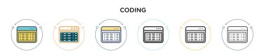 Kodlama simgesi doldurulmuş, ince çizgi, özet ve vuruş stili. Mobil, ui, web için iki renkli ve siyah kodlama vektör simgesi çizimi kullanılabilir