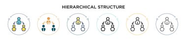 Hiyerarşik yapı simgesi dolu, ince çizgi, ana hatlar ve vuruş stili. Mobil, ui, web için iki renkli ve siyah hiyerarşik yapı vektör ikonu tasarımının vektör illüstrasyonu kullanılabilir