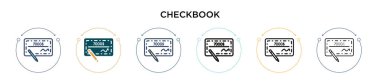 Çek defteri simgesi doldurulmuş, ince çizgi, özet ve vuruş stili. Mobil, ui, web için iki renkli ve siyah onay defteri vektör simgesi tasarımı vektör illüstrasyonu kullanılabilir