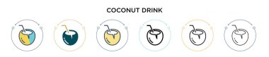 Hindistan cevizi içeceği ikonu, ince çizgi, özet ve vuruş stili. Mobil, ui, web için iki renkli ve siyah hindistan cevizi içecek vektör ikonu tasarımı vektör illüstrasyonu kullanılabilir