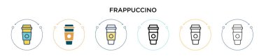 Frappuccino ikonu doldurulmuş, ince çizgi, taslak ve vuruş stili. Mobil, ui, web için iki renkli ve siyah frappuccino vektör simgesi çizimi kullanılabilir